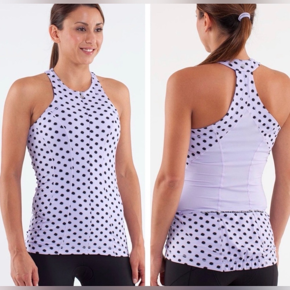 EUC Lululemon Velo Vixen High Neck Tank High Noon Lilac Black Dot 6
